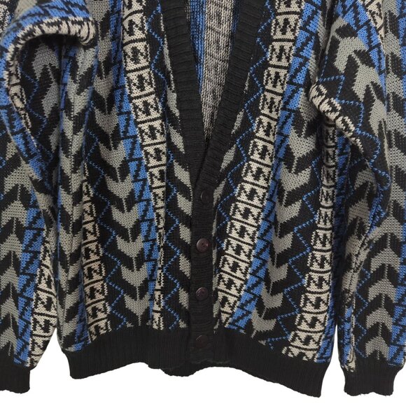 Vintage Street Closed blue black Men’s Cardigan Size L 90s geometric zigzag knit - Picture 4 of 15
